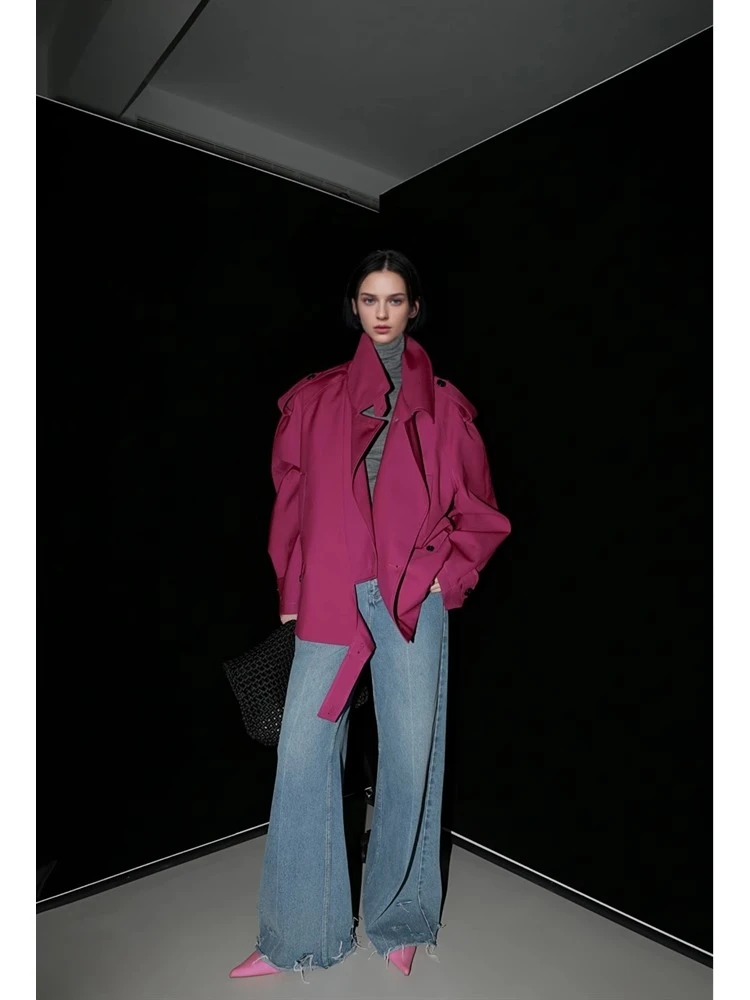 阿蕊专属-欧洲站复古英伦感风衣外套宽松阔版OS短款风衣PI24C215