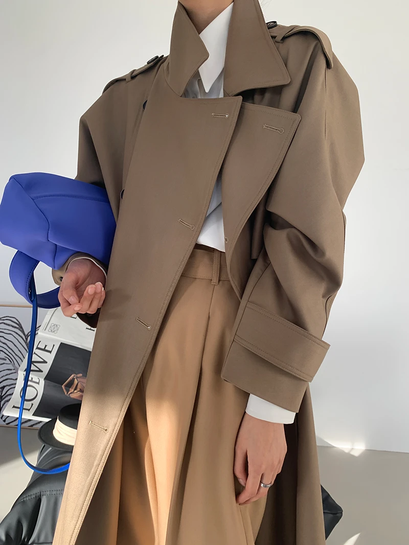 美丽专属-英伦风高端杂志风高端垂感复古双排扣风衣 PI2105196