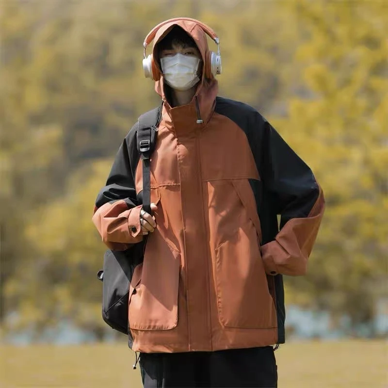 户外防水拼接连帽冲锋衣秋季宽松休闲外套739