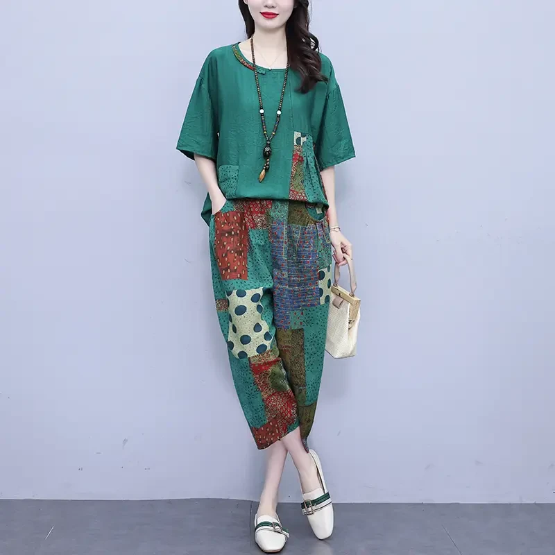 YH#【180斤可穿】大码两件套妈妈上衣T恤套装复古洋气套装DY8261