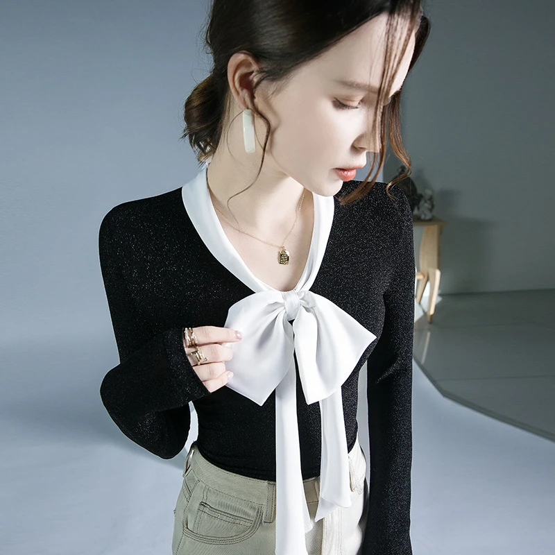 YH#网纱T恤打底衫蝴蝶结秋冬新款设计内搭V领长袖显瘦小衫DF230