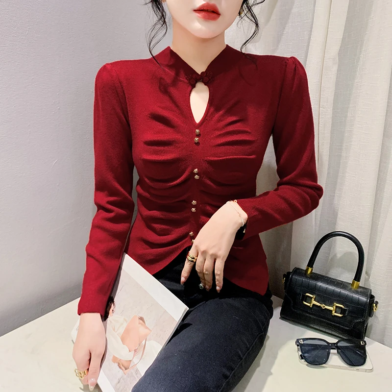 YH#旗袍领毛衣女新款复古开叉针织修身长袖上衣打底DY7431