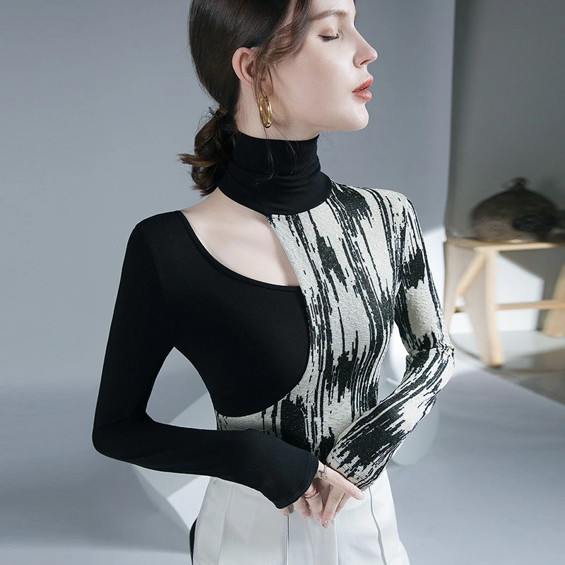 YH#设计感色T恤上衣秋冬新款镂空内搭打底衫洋气时尚显瘦DF88