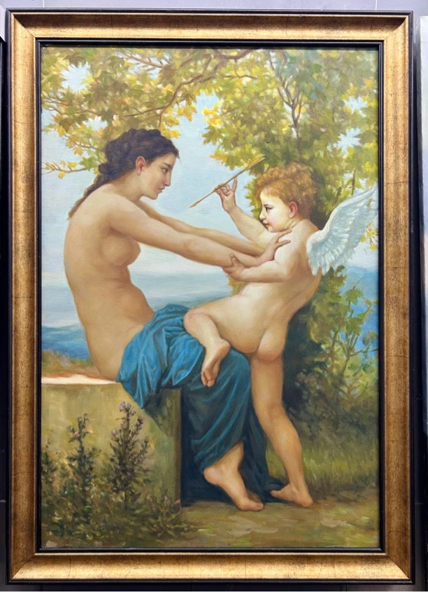 布格罗油画《女孩抵御爱洛斯》纯手绘油画餐厅客厅背景墙