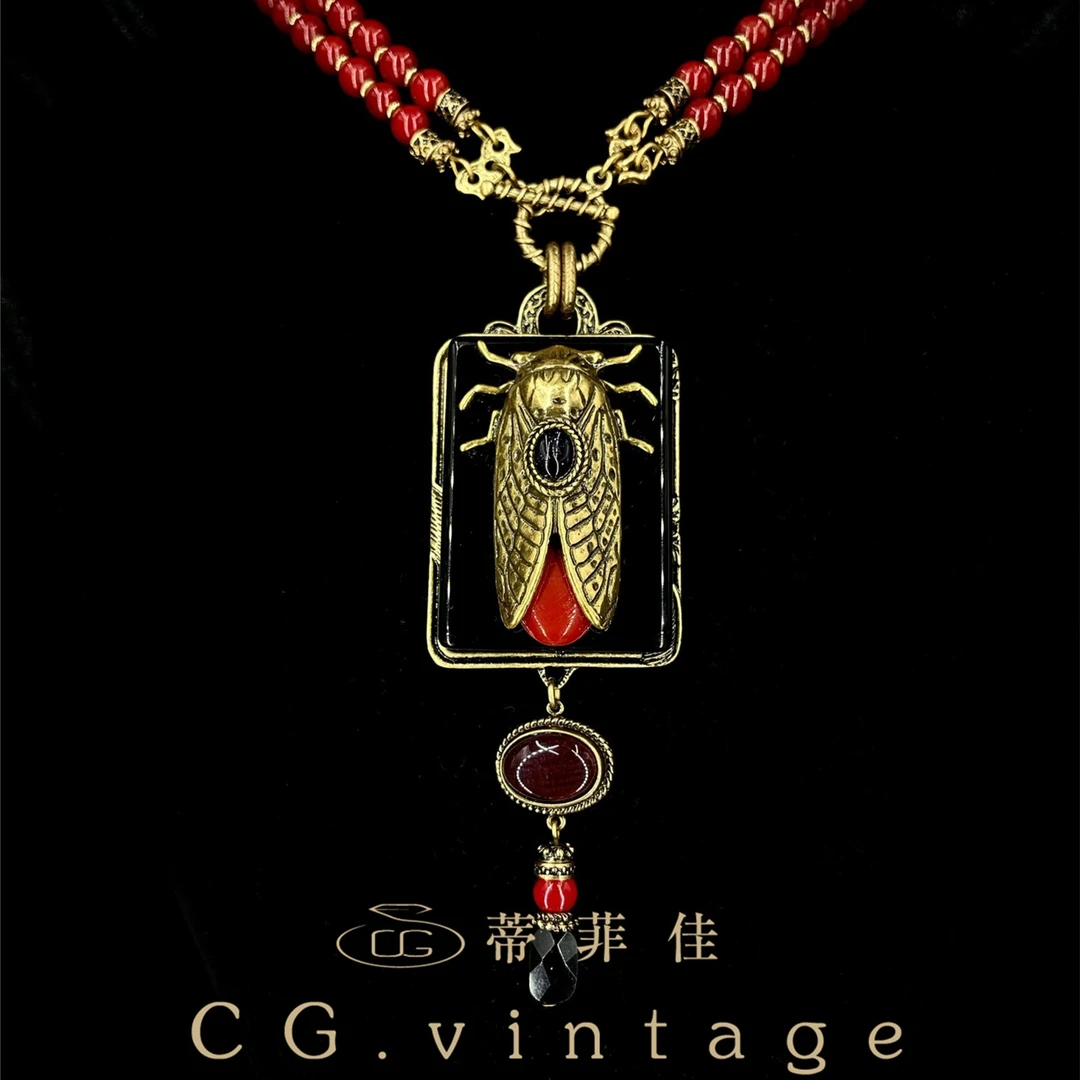 铜合金珐琅项链 CG.vintage【寒将蝉鸣】XL-0706吊坠复古红色古法