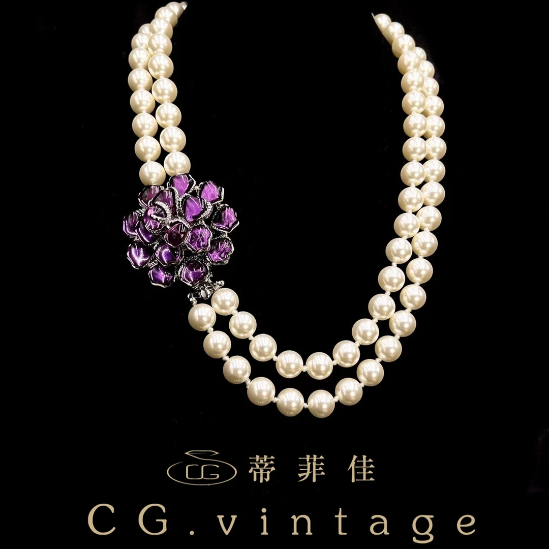 铜合金仿珍珠项链 CG.vintage【艾尼路】手工编织紫色气质蓝色复古
