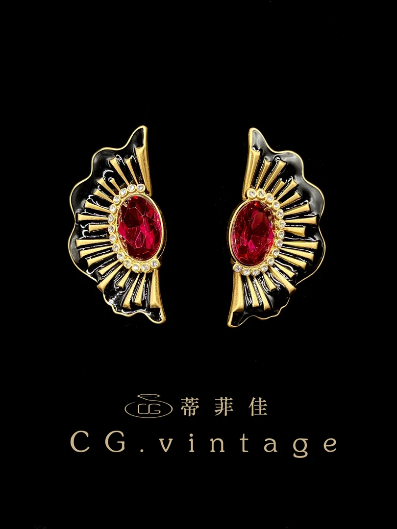 铜合金珐琅耳饰 CG.vintage【半边花】气质轻奢时尚复古女王古风