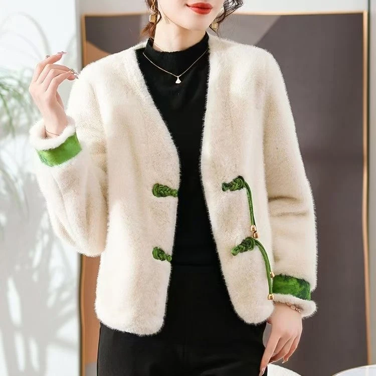 国风盘扣皮毛一体外套女秋冬2024新款仿水貂绒短款时髦毛毛外套