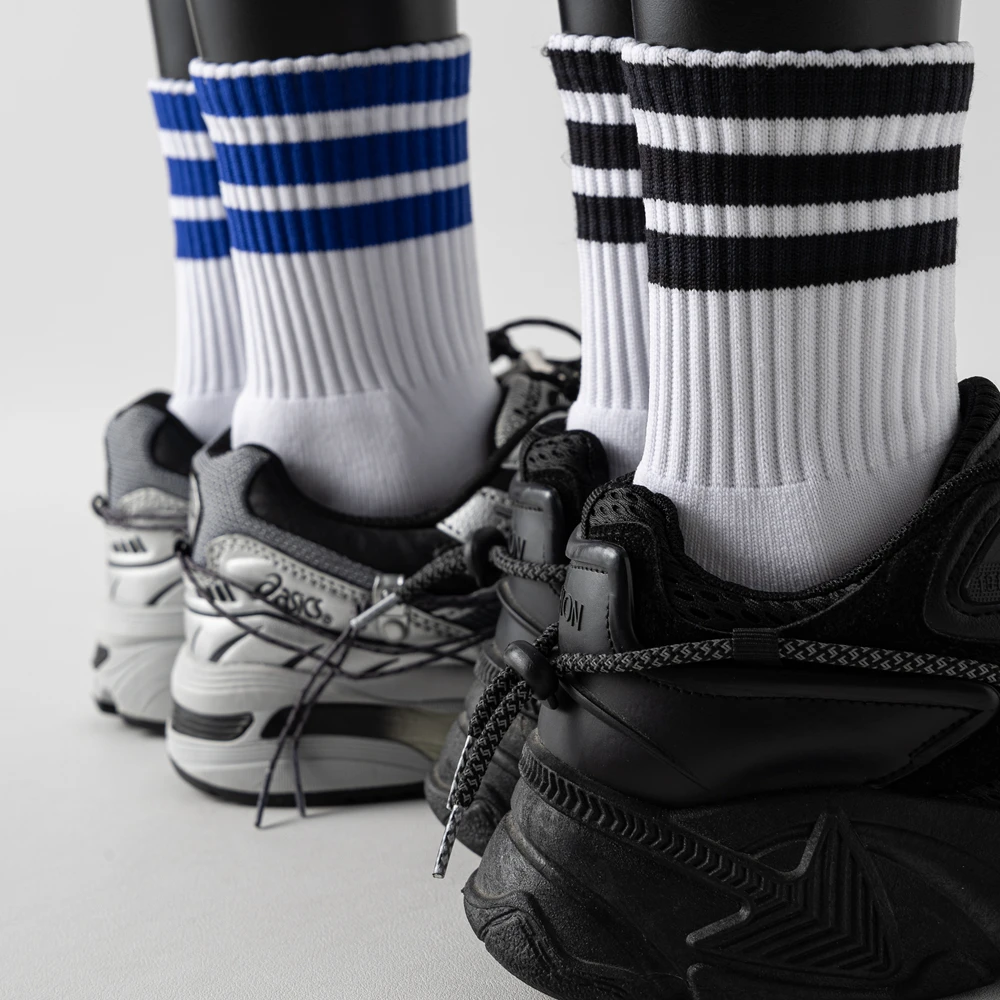 白色袜子男大码条纹中筒秋冬毛巾底厚羽毛球篮球足球长袜加肥加大