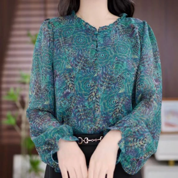 Y009秋季新款时尚百搭九分袖衬衫女显瘦气质木耳领碎花打底衫