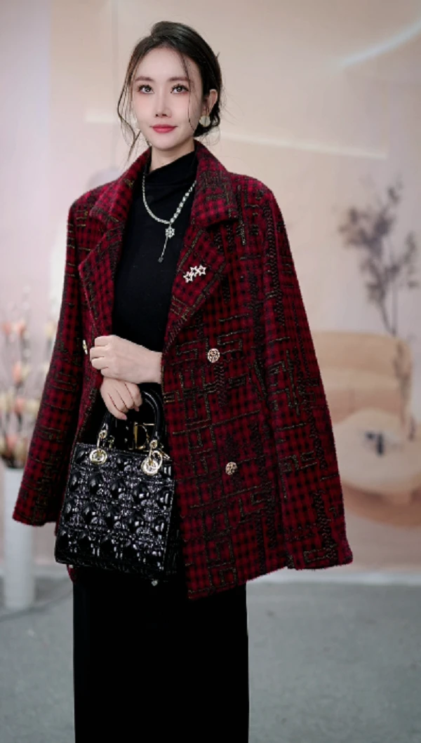 Y056小香风春秋气质短款时尚格子秋冬外套-悠悠