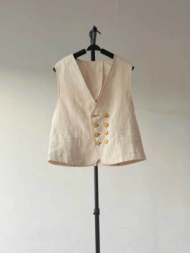 汉麻V领文化马甲背心通勤双排扣复古24新款