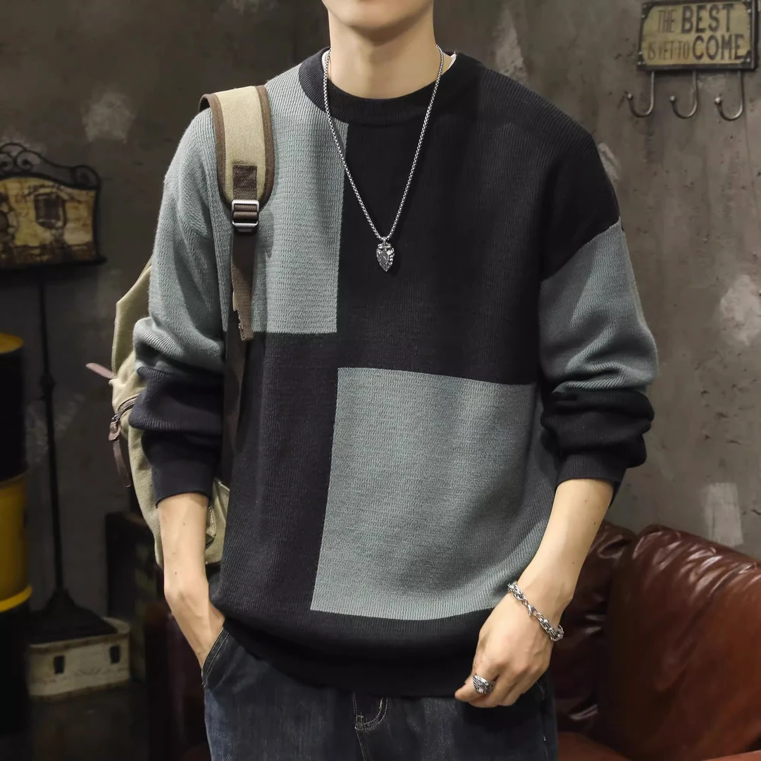 格子套头圆领毛衣男春秋季潮牌宽松外套秋冬懒惰风针织衫卫衣内搭