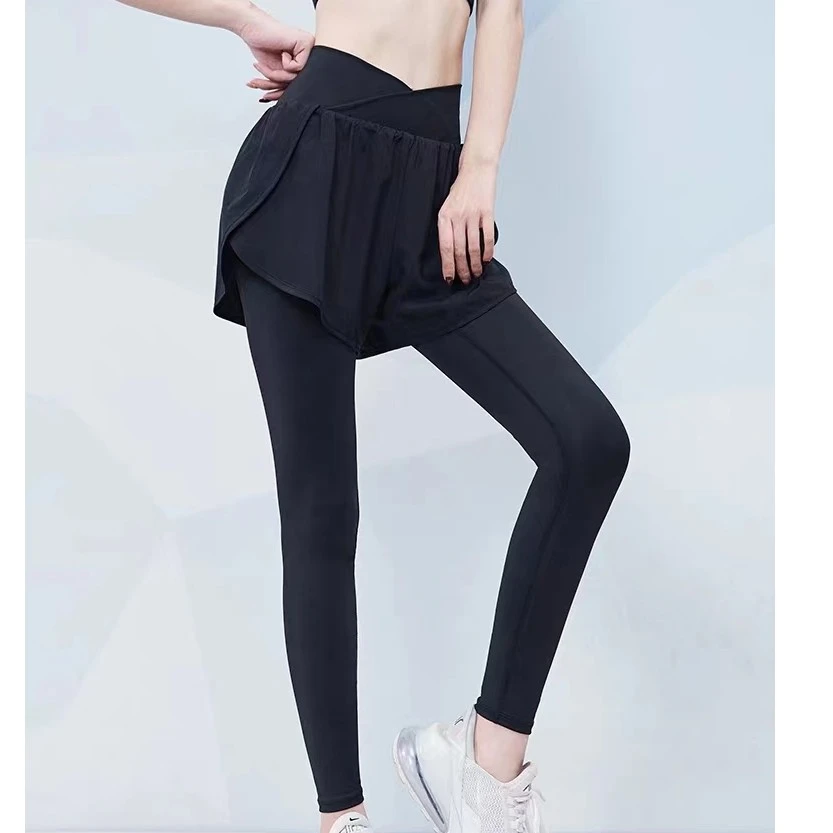 假两件健身裤女夏季高腰提臀跑步打底紧身长裤速干透气薄款瑜伽裤
