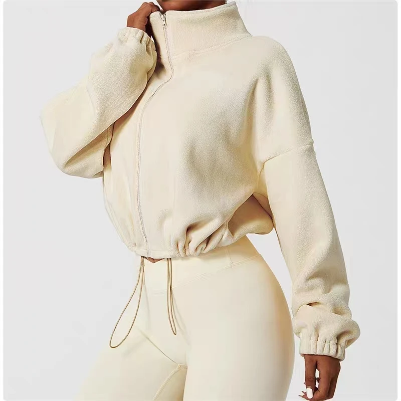 秋冬羊羔绒加薄绒保暖休闲运动外套宽松短款抽绳健身外套立领女