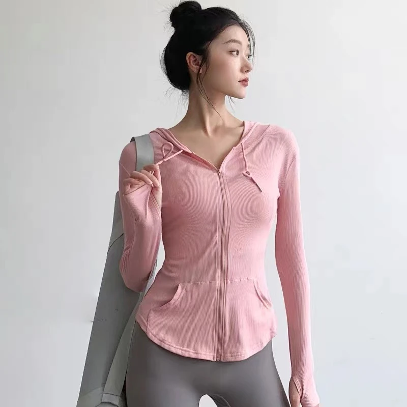 运动外套春夏女修身显瘦弹力连帽瑜伽上衣透气速干跑步紧身训练服