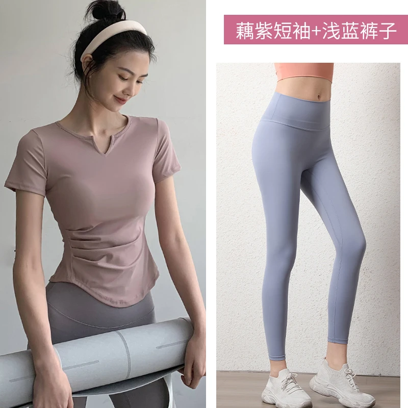健身套装女防震跑步运动带胸垫短袖裸感无痕九分裤运动瑜伽服套装