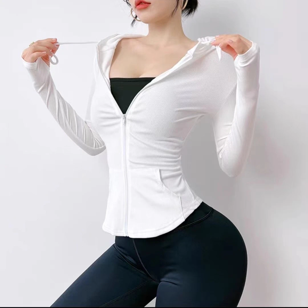 运动外套长袖女修身显瘦弹力瑜伽上衣透气速干跑步时尚健身服帽衫