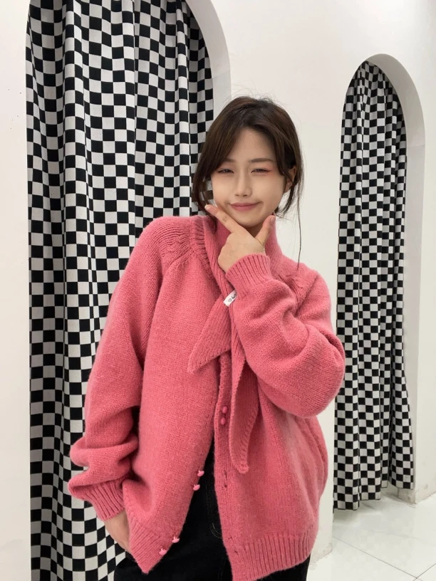 韩系甜美小围脖毛衣开衫女秋冬宽松百搭针织外套