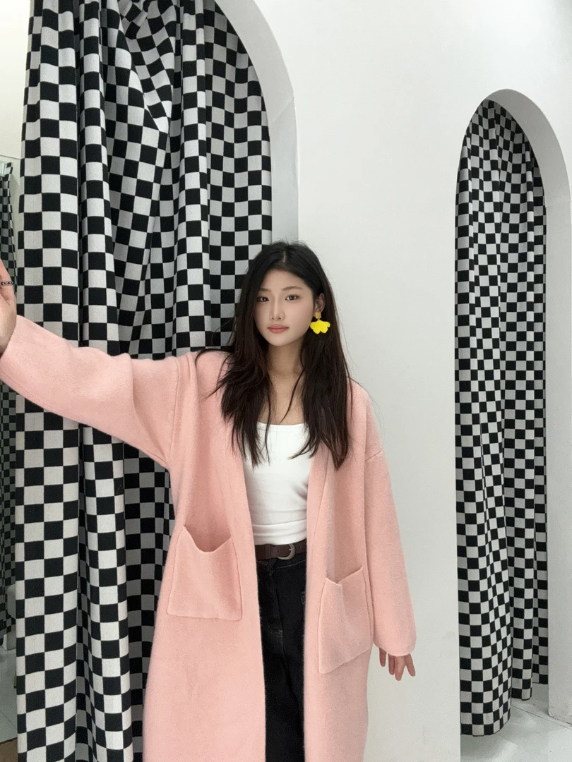 韩版慵懒风针织开衫女宽松口袋毛衣外套秋冬百搭