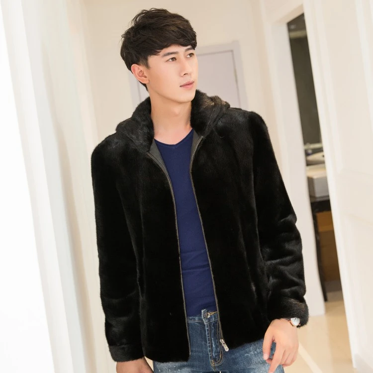 2023年新款进口男士貂皮大衣时尚皮草外套宝美黑短二冬季拉链保暖