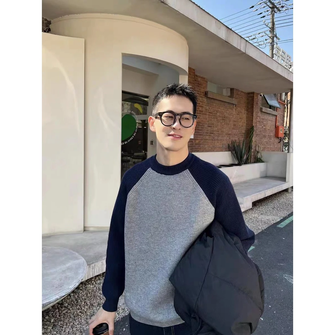 几又时尚拼色插肩袖毛衣男秋冬加厚圆领套头藏蓝色打底针织衫