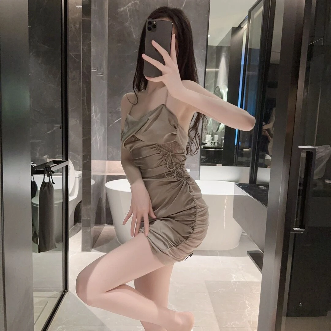 夏季露背内衣性感纯欲抽绳睡衣显瘦修身蕾丝吊带睡裙制服套装1612