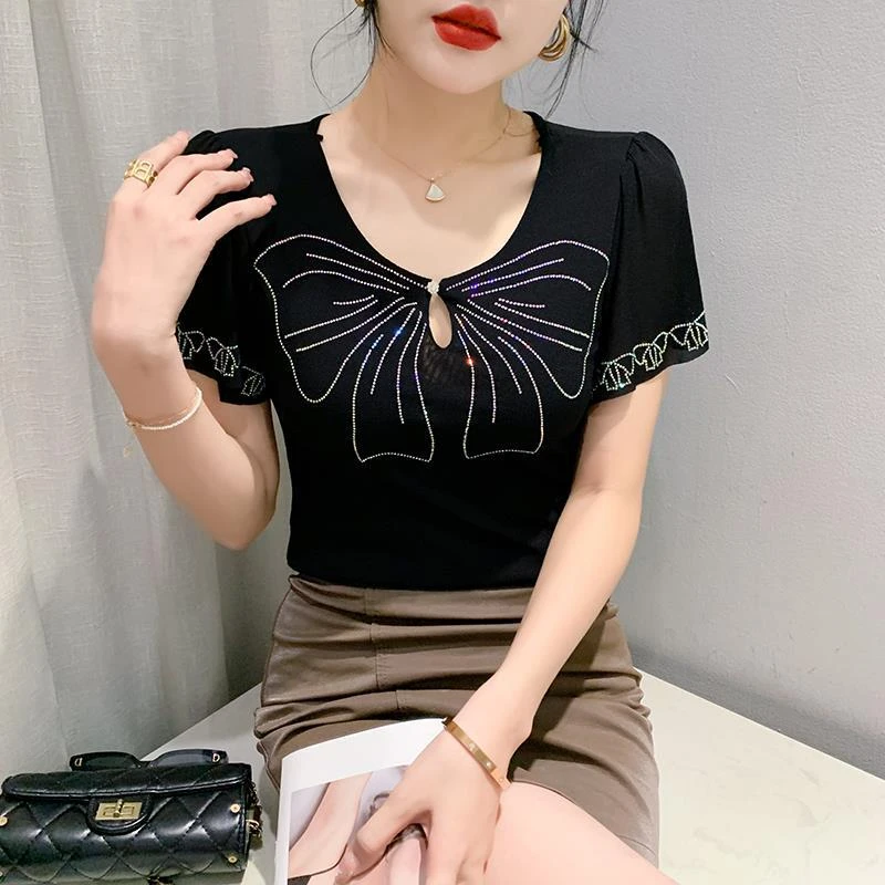 YX-115夏季新款网纱重工烫钻时尚圆领镂空百搭网纱荷叶边短袖女