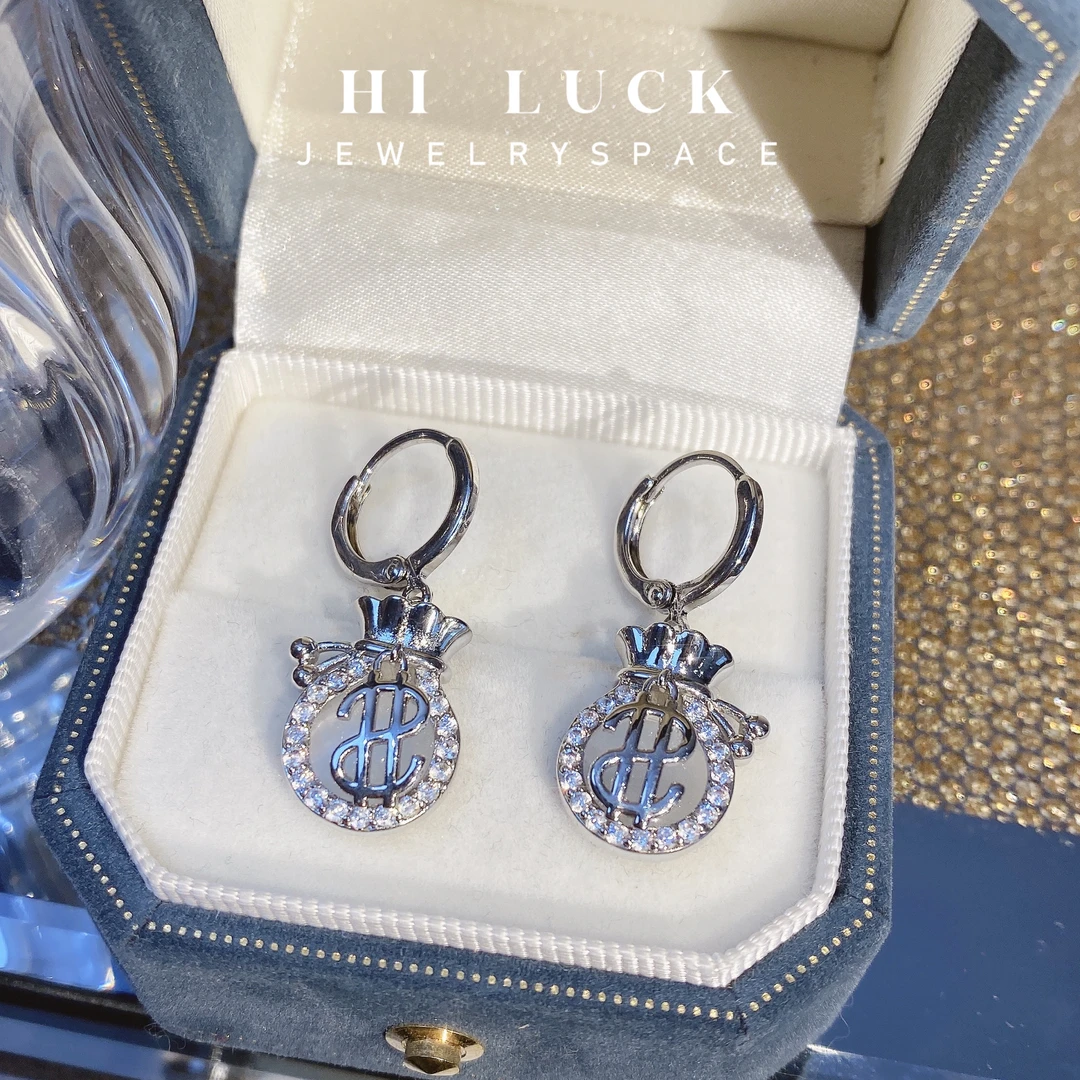 铜合金耳饰 Hiluck百搭时尚银色钱袋吊坠手工耳环财源滚滚来耳饰!