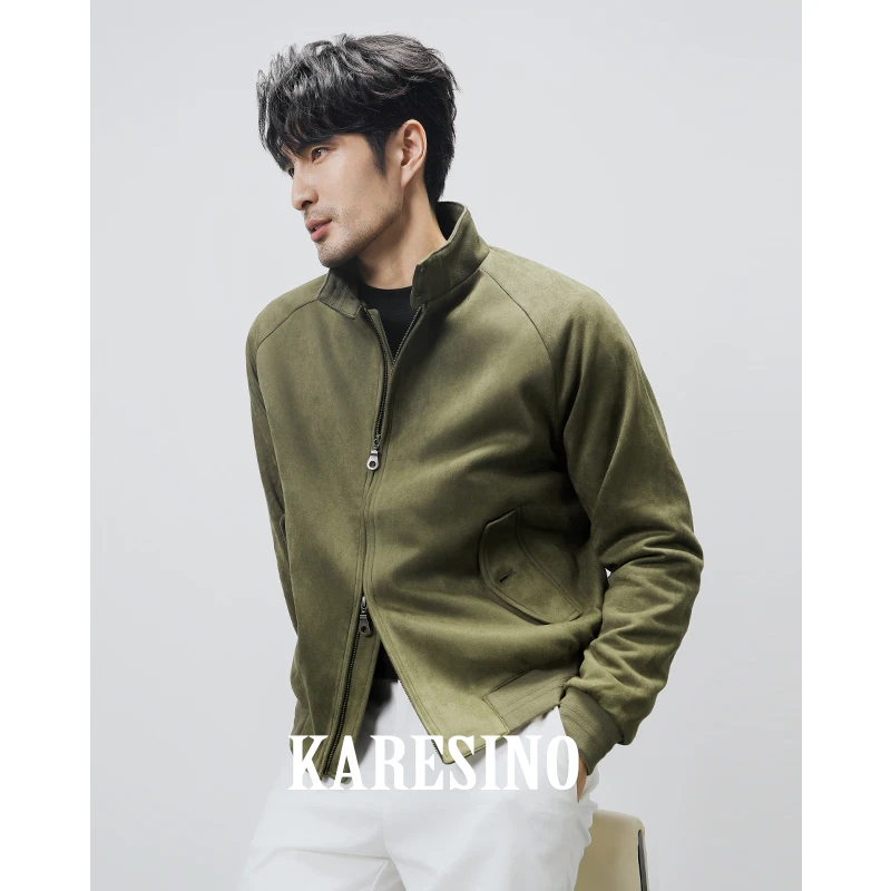 KARESINO秋冬季男士麂皮绒休闲户外百搭立领哈灵顿夹克短款外套男