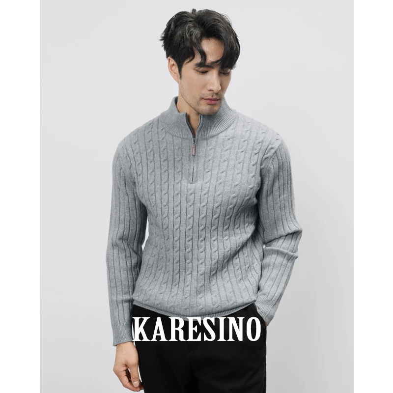 KARESINO冬季男士商务休闲半拉链针织衫毛衣加厚款保暖提花打底衫