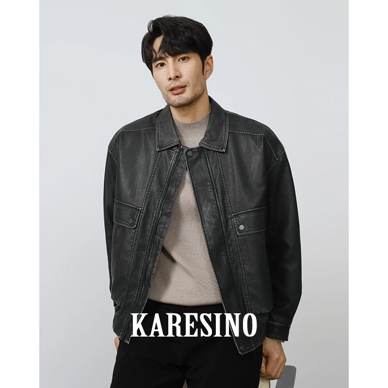 KARESINO美式复古做旧PU软皮衣外套男士秋冬休闲机车美拉德皮夹克