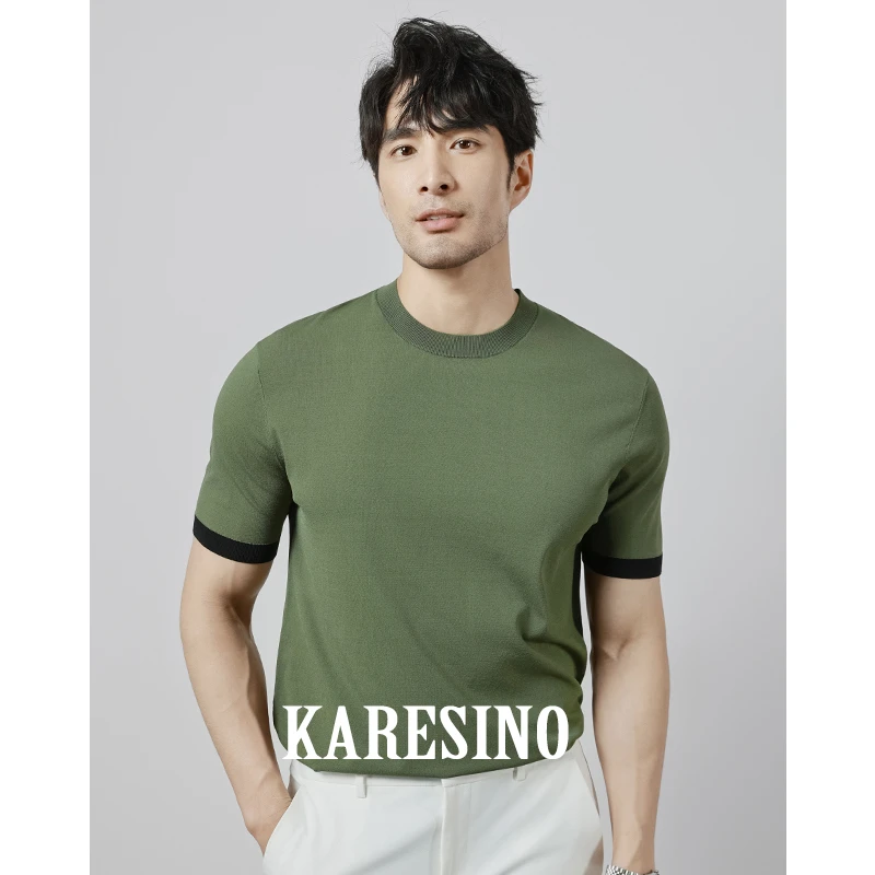 KARESINO夏季2024新款男士商务圆领针织衫时尚休闲冰丝短袖男T恤