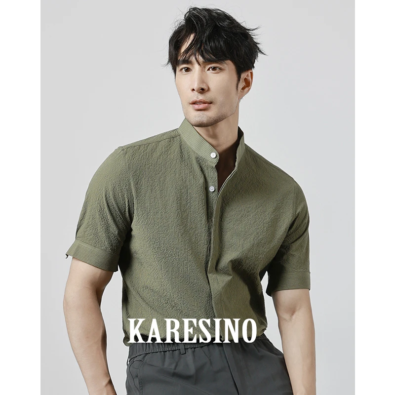KARESINO夏季薄款透气泡泡纱男士立领商务休闲时尚冰丝短袖衬衫男