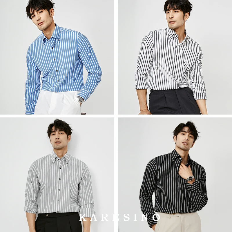 KARESINO高端舒适弹性 男士商务正装上班抗皱条纹衬衫男修身长袖