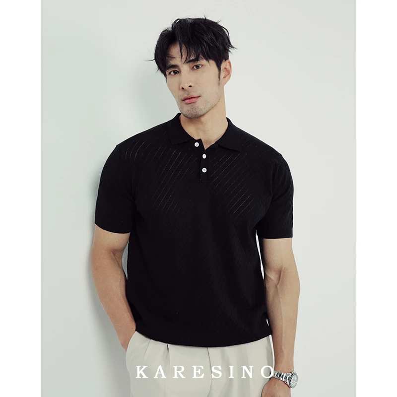 KARESINO冰丝莱赛尔 夏季POLO衫翻领网格商务休闲纯色短袖T恤男