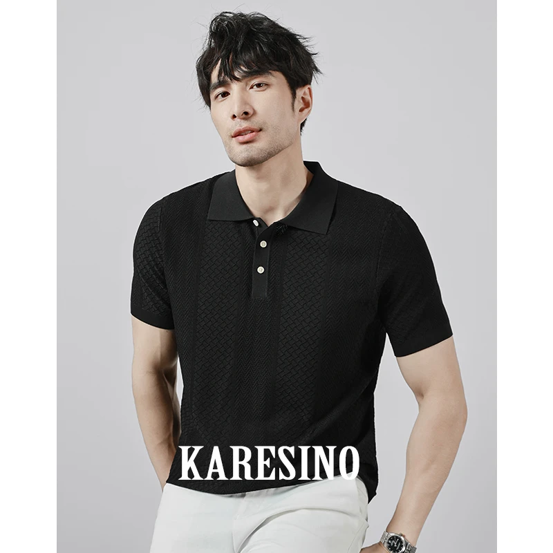 KARESINO夏季凉感桑蚕丝 男士商务翻领POLO衫休闲针织提花短袖T恤