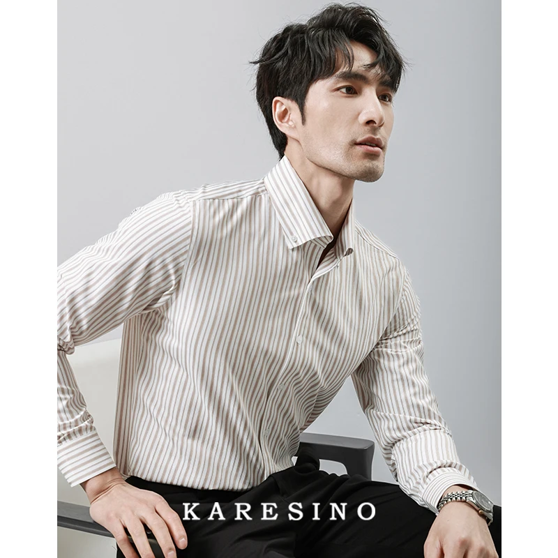 KARESINO意式商务绅士 男士2024新款一片领休闲免烫条纹衬衫长袖