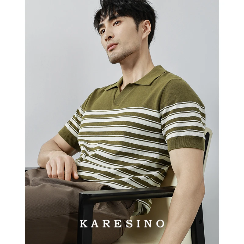 KARESINO高定长绒棉 夏季男士翻领条纹针织POLO衫休闲纯棉短袖T恤