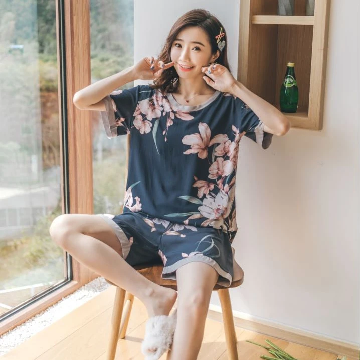 夏季睡衣女短袖短裤套装休闲宽松薄款绵绸睡衣女士夏天透气家居服