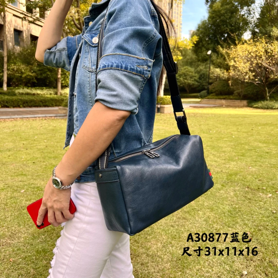 LOWGER/禄阁时尚头层牛皮男款单肩包、真皮蓝色休闲斜挎包、通勤包