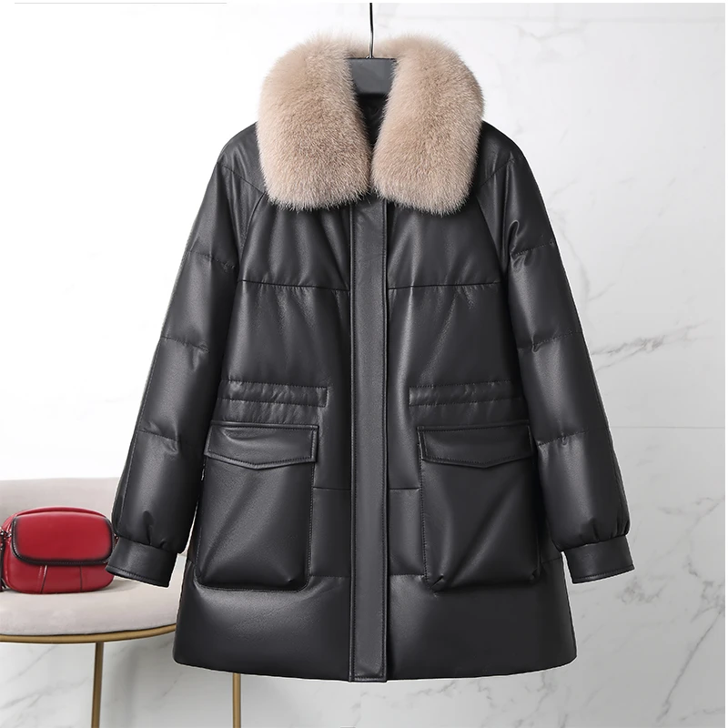 歌珞伊2229-5海宁真皮女大毛领中长款皮衣2024时尚冬宽松加厚外套
