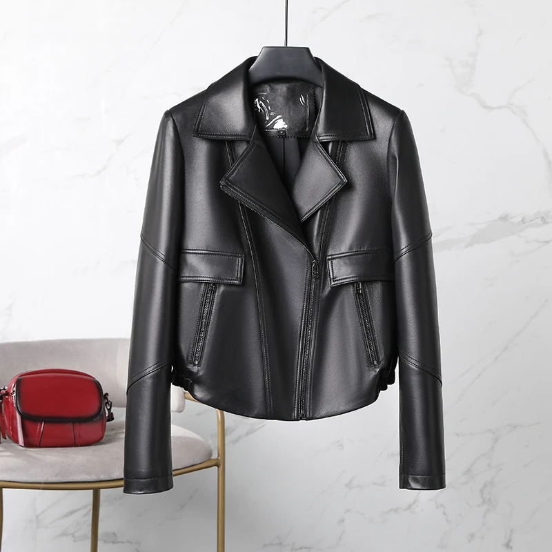 歌珞伊2302真皮皮衣女春季新款气质绵羊皮短款皮夹克外套春秋休闲