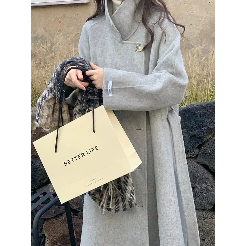 (0-100)孤品双面呢休闲中长款大衣女装韩版百搭宽松双面呢大衣