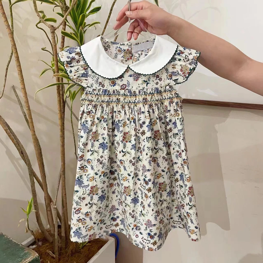 【蒹葭晚风】女童七彩花满印娃娃领勾边纯棉洋气连衣裙39