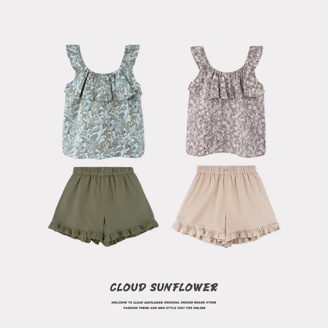 女童揑褶碎花吊带绵绵百搭夏季套装28978