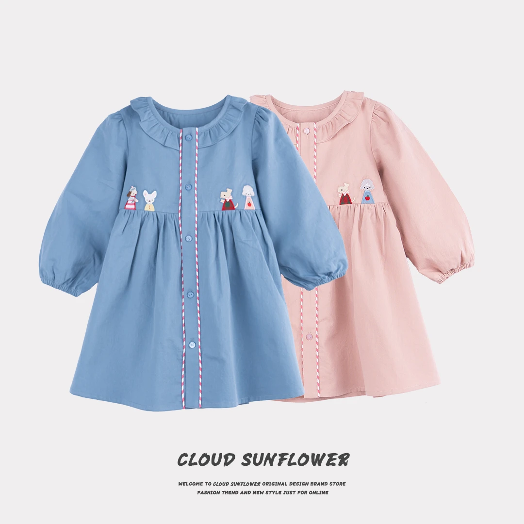 【云朵小葵】儿童花边领系扣泡泡袖纯色刺绣连衣裙111854