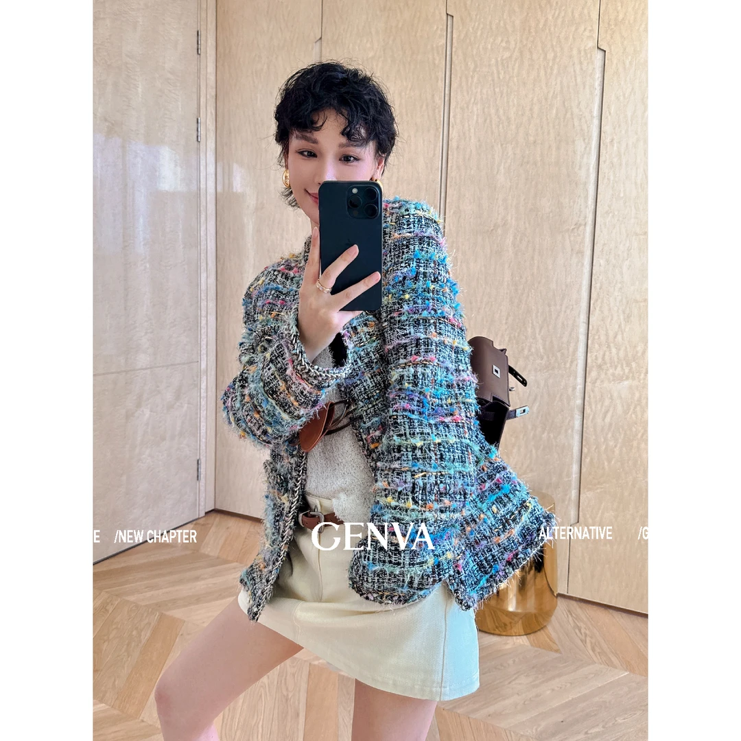 玖着-"蒙马特"欧洲进口炫彩悬浮花纱/CH新版链条花呢香风外套