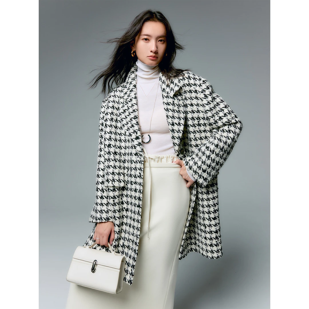 玖着-'珍藏典雅意大利进口羊毛摩登复古千鸟格粗花呢香风廓形大衣