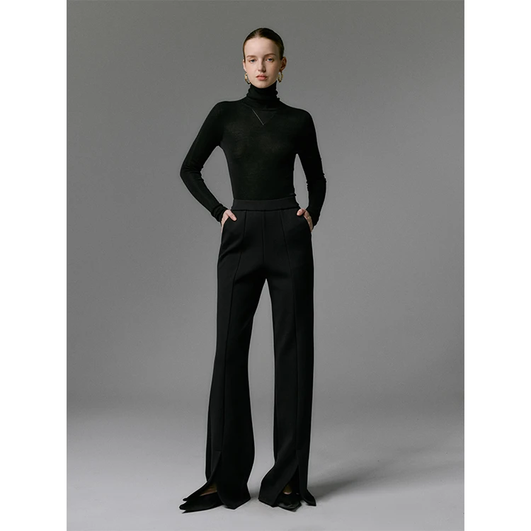 玖着-"蜜桃裤"绵羊毛山羊绒桑蚕丝强捻针织双倍厚度开衩微喇长裤